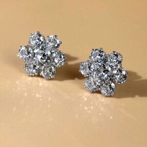 Luxury Flower Earings Cubic Zirconia Copper Made Clip-On Silver Plated
